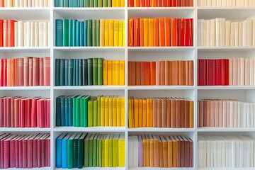 Colorful books arranged by spectrum colors on white bookshelf creating rainbow pattern. Modern minimalist library organization shows gradient from pink through blue to orange.