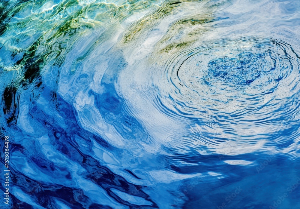 Poster Rippling Water Surface with Colorful Reflections and Circular Patterns Creating a Calming and Serene Natural Scene in Blue Tones