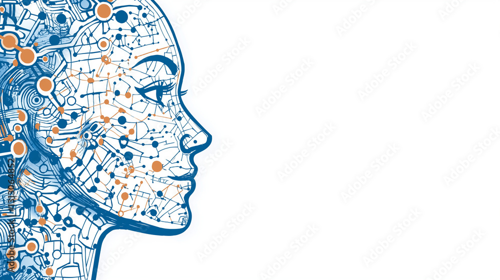 Aufkleber digital consciousness: a stylized profile of a human face melds with intricate circuit patterns, rep