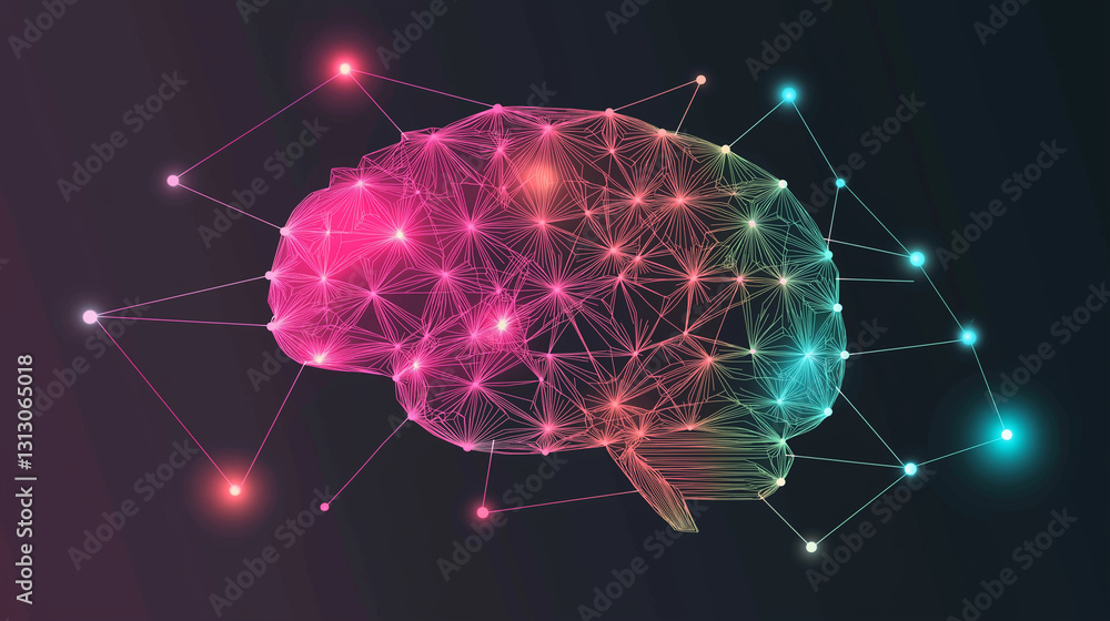 Poster brain networks: a vibrant illustration showcases a human brain rendered in a network of interconnect