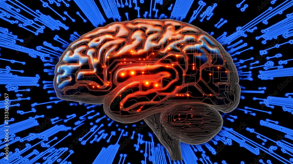 Poster digital brain: an illuminated depiction of the brain, featuring integrated circuitry patterns and a 