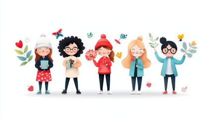 Fototapeta premium Cute, diverse teachers illustrated in a simple, minimal style with paper tones and subtle textures. Perfect for educational websites and learning resources that celebrate diversity.