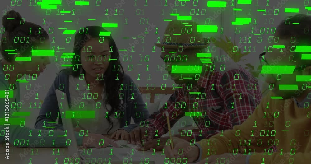 Aufkleber binary code animation over diverse team collaborating at office desk
