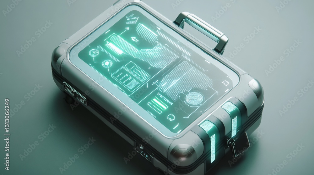 Poster futuristic tech briefcase with holographic display and advanced technology