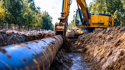 A large yellow excavator laying a large blue pipeline underground