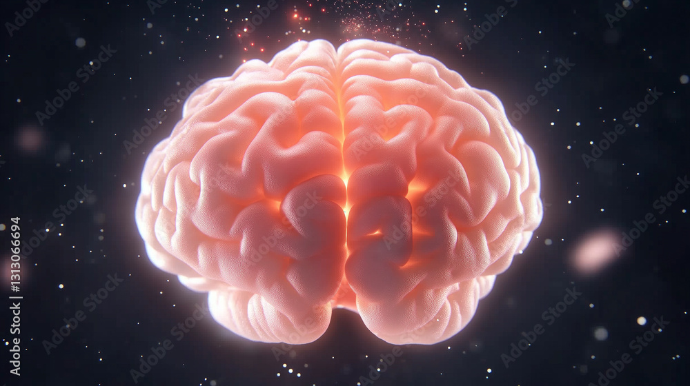 Poster the cosmic brain: a 3d render of a glowing brain floating in a cosmic space, symbolizing thoughts, i