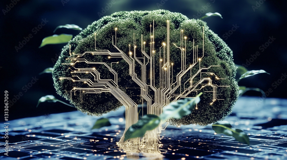 Poster tech meets nature: a conceptual image merging technology and nature, showcasing a brain-shaped struc