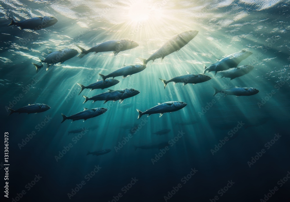 Poster schools of fish swimming underwater with sunlight filtering through ocean surface, creating a serene