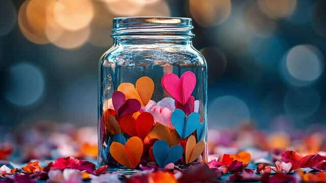 Glass jar with colorful paper hearts, bokeh background, romantic,  visual