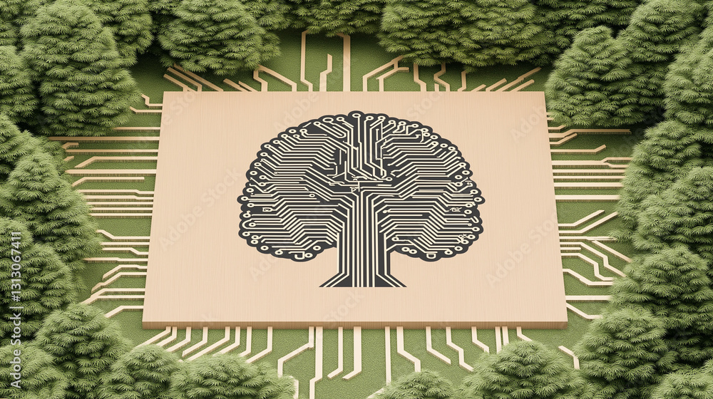 Poster eco-tech: an artistic rendering showcases a digital tree on a circuit board surrounded by lush trees