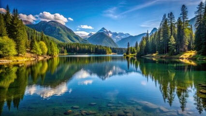 Obraz premium Lake with surrounding mountains and trees, woodland lake scene, peaceful haven, mountain lake scenery, nature's beauty, natural scenery