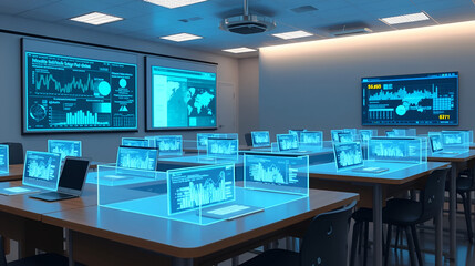 Digital classroom with holographic data visualizations on desks.