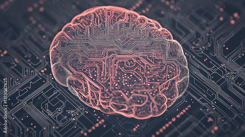 Aufkleber digital brain: a glowing brain graphic composed of intricate circuits, superimposed over a detailed 