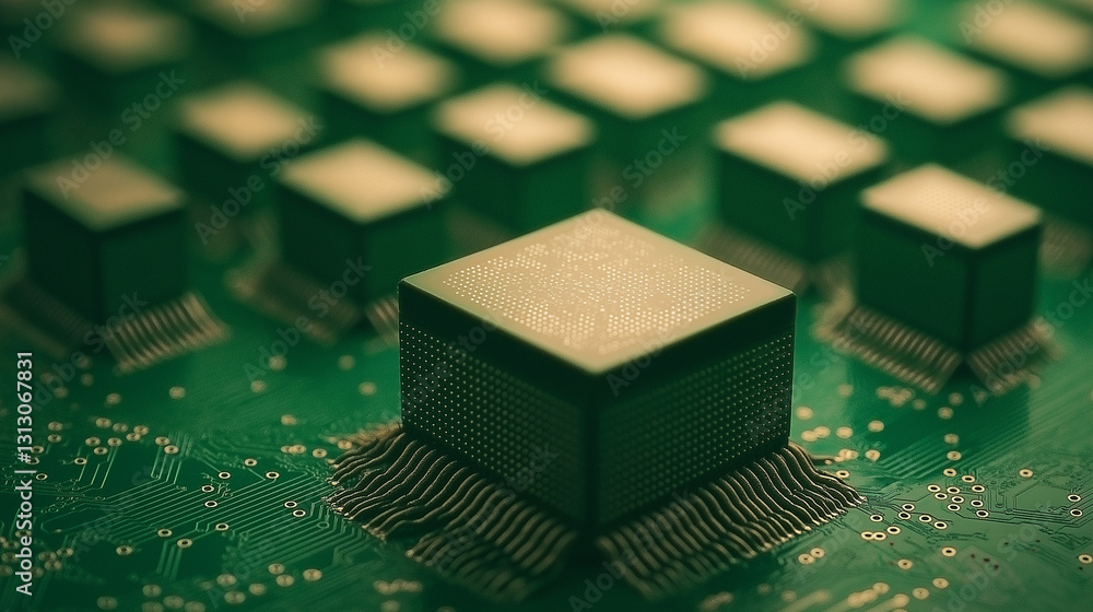 Poster microchip technology: an eye-level shot showcasing a high-tech microchip arrangement, conveying a se