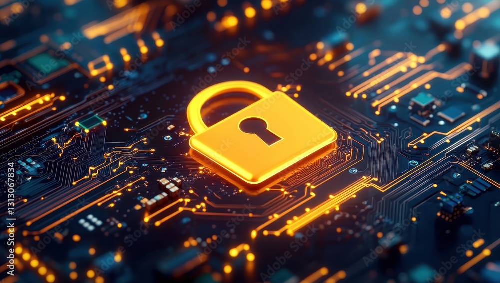 Poster secure digital lock on circuit board representing cybersecurity and data protection in modern techno