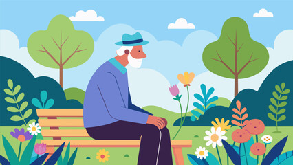 An elderly man sitting on a bench in a garden enjoying the calming scents and vibrant colors of the flowers.. Vector illustration