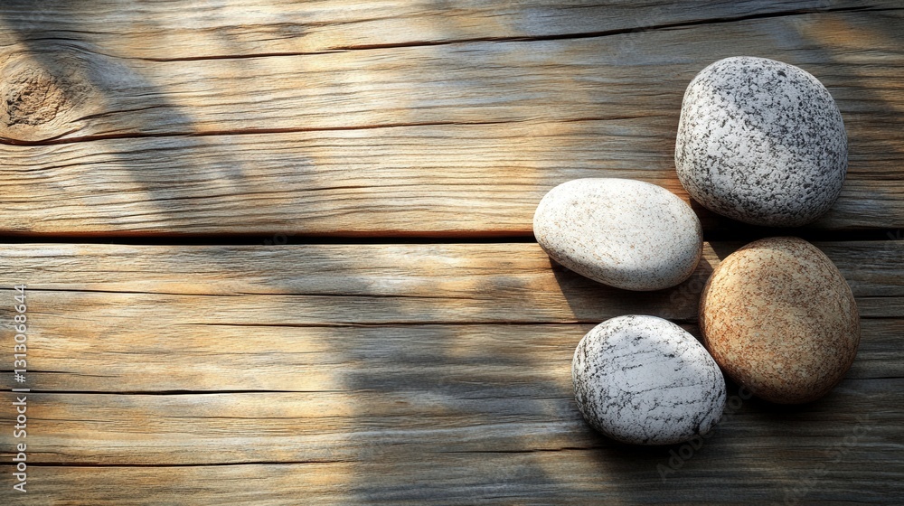 Aufkleber smooth stones arranged on rustic wooden surface with soft natural lighting and shadows