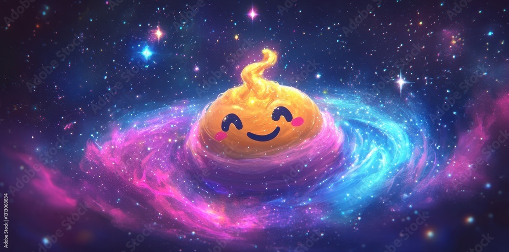Poster animated happy celestial being floating in a colorful cosmic nebula