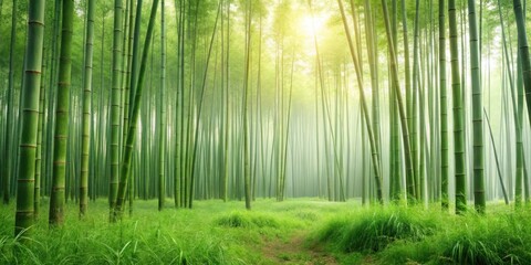 Fototapeta premium Serene Bamboo Forest Path Sunlight Dappled Through Lush Green Canopies, Creating a Mystical Atmosphere