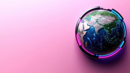 Futuristic Globe Surrounded by Neon Lights on a Pink Background