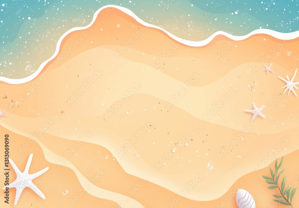 Poster serene beach scene with gentle waves and colorful seashells on soft sand for tranquil summer vibes a