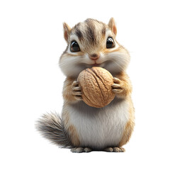 A Fluffy 3D Cartoon Chipmunk Holding an Oversized Nut Isolated on Transparent Background
