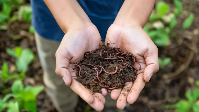 Hands holding earthworms with soil in lush garden setting, showcasing nature and sustainability, sustainable farming and agriculture