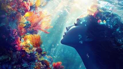 A woman dives underwater near beautiful coral formations