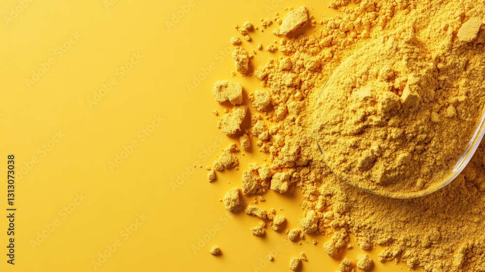 Poster spoonful of powder on rough textured background in maize color creating a beautiful visual contrast 