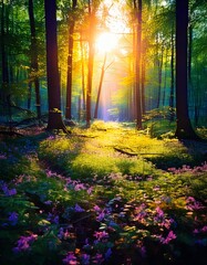 Obraz premium Beautiful sunrise in bright rays of the sun in a green forest with flowers