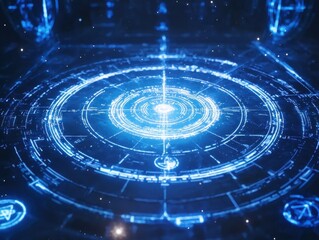 Fototapeta premium Futuristic circular design with glowing blue lines. Complex geometric patterns create a sense of advanced technology and visual depth.