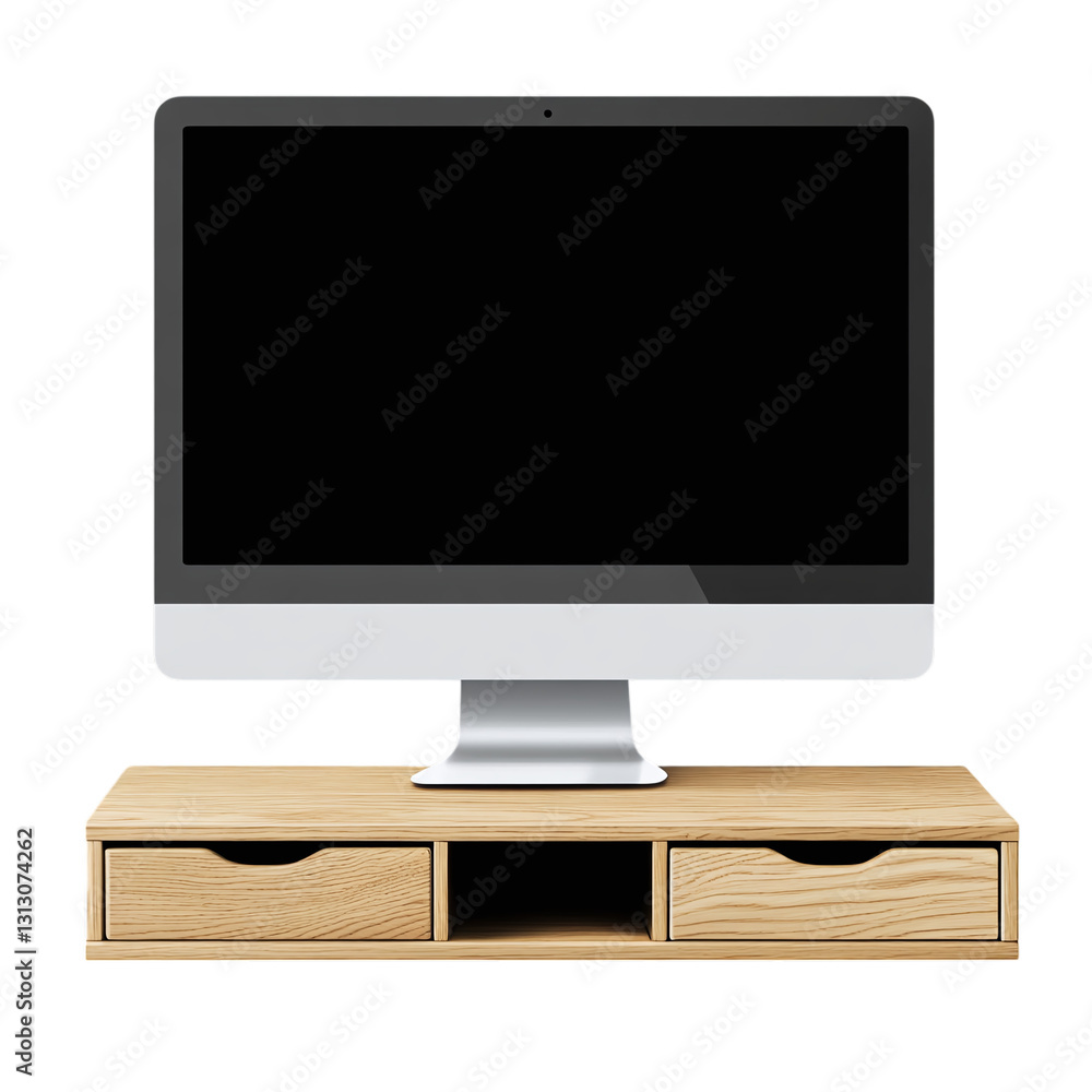 Poster monitor stand with storage drawer isolated on transparent background