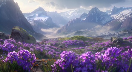 Fototapeta premium Scenic view of vibrant purple flowers in a mountainous valley with misty peaks and soft sunlight illuminating the landscape