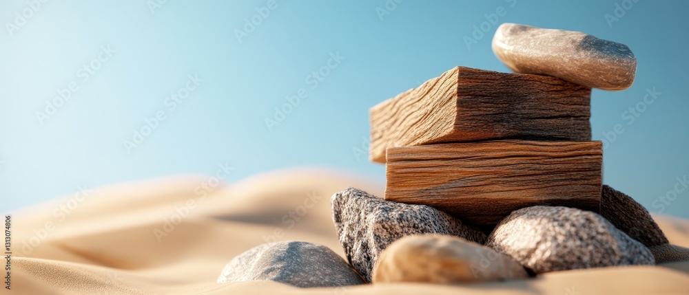 Poster harmonious stacked rocks forming a natural sculpture against a soft minimalist background in a calm 