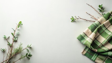 Spring Branches and Plaid Fabric on a Light Surface A Minimalist Nature Scene