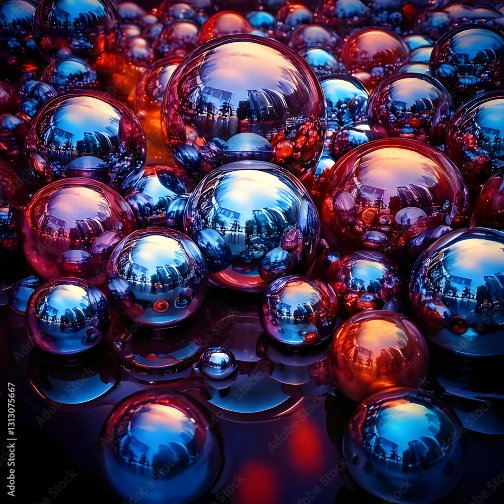 Poster a dense cluster of reflective spheres in various sizes, creating a mesmerizing play of light and col