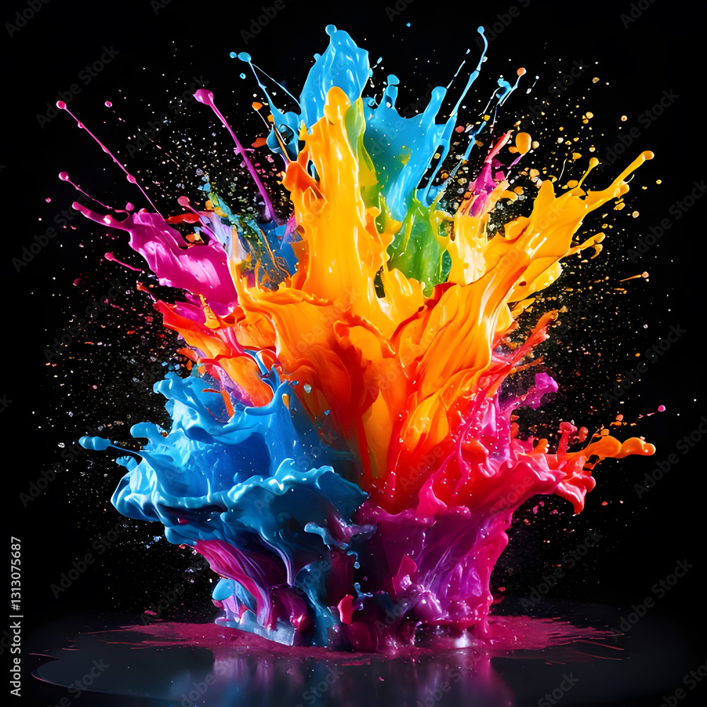 Poster a vibrant splash of colorful paints erupts from a liquid surface, creating a dynamic abstract form a