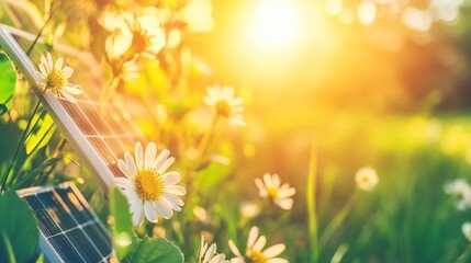 Solar panel and flowers bask in sunlight in a garden