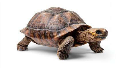 Obraz premium A large brown and tan turtle is walking on a white background