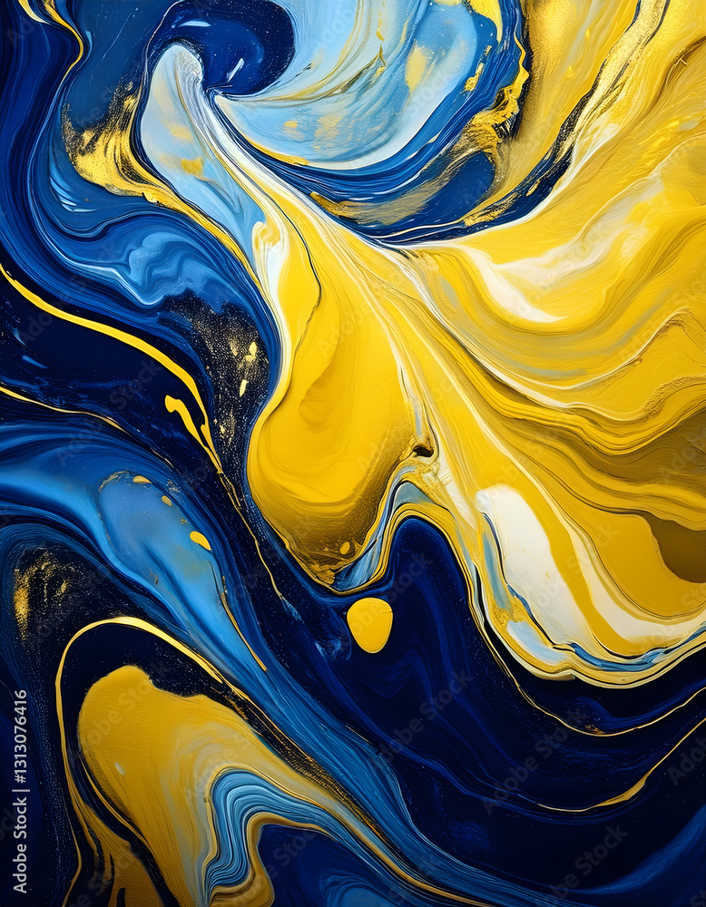 Poster fluid swirls of blue and yellow create a dynamic, abstract pattern with a marble-like texture and go