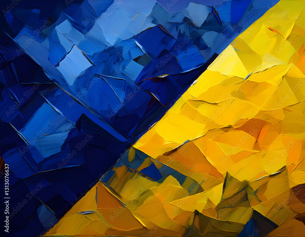 Aufkleber abstract geometric shapes in blue and yellow hues, creating a textured and dynamic composition