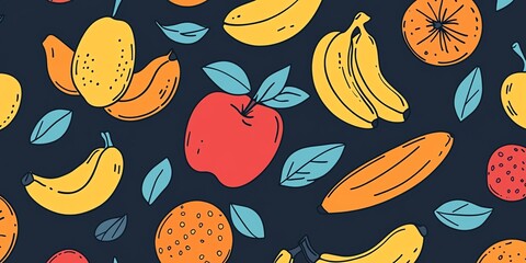 Colorful Fruit Pattern Featuring Bananas, Apples, and Oranges on a Dark Background