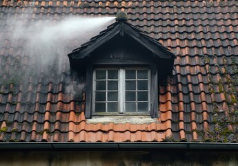 Obraz premium Smoky Chimney on Vintage Roof with Rustic Tiles Surrounded by Lush Greenery and Weathered Textures Captured in a Charming Natural Setting