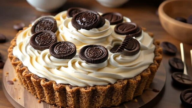 Delicious Oreo Cream Tart on Wooden Board