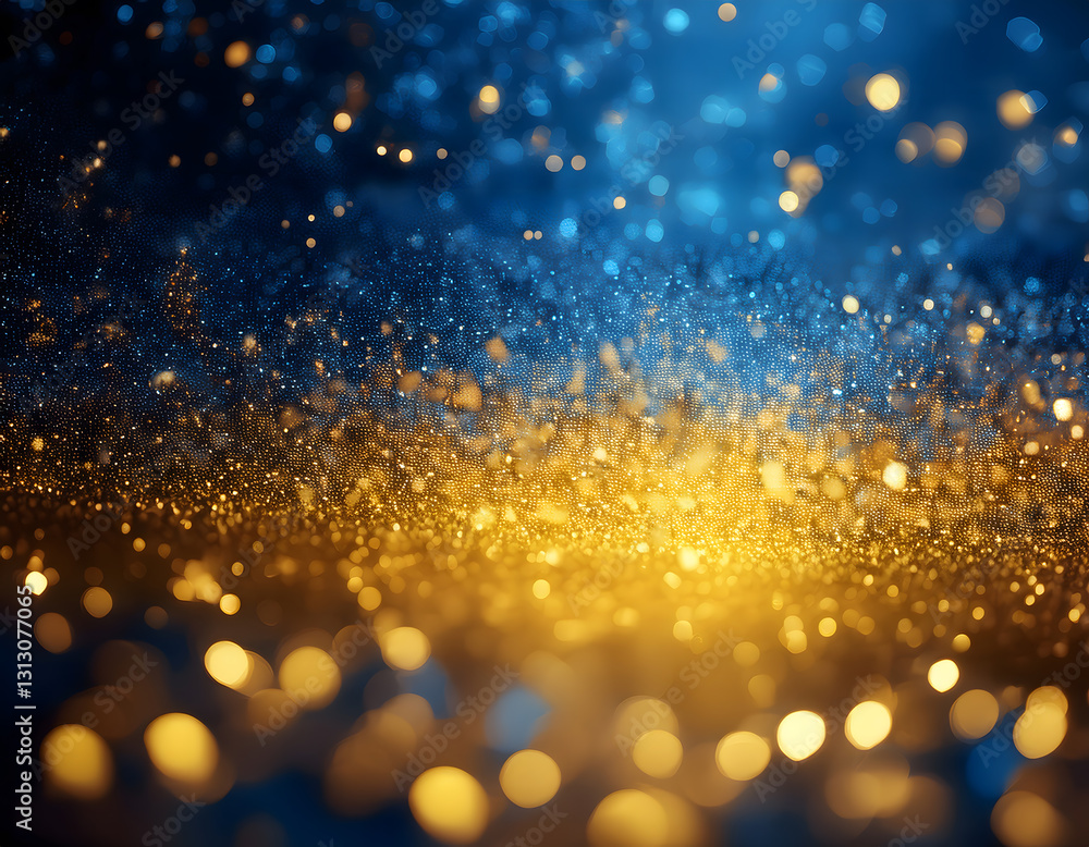Aufkleber golden light scatters across a deep blue backdrop, creating a sparkling bokeh effect