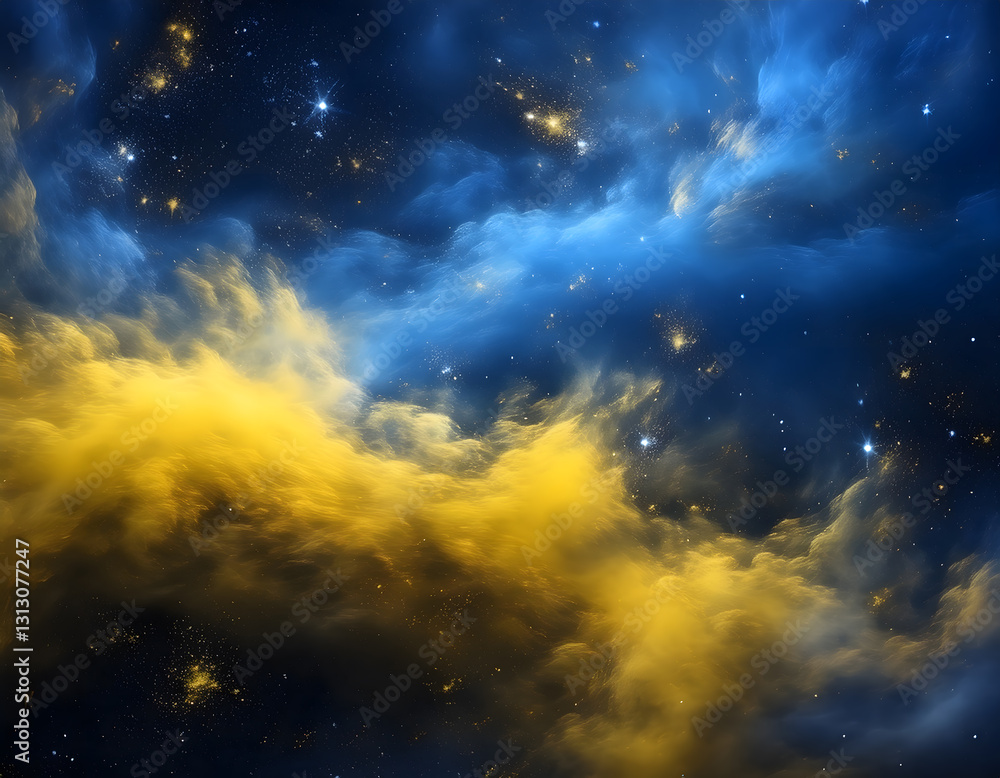 Poster abstract swirling clouds of blue and yellow with scattered gold specks, creating a celestial and dyn