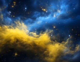 Fototapeta premium Abstract swirling clouds of blue and yellow with scattered gold specks, creating a celestial and dynamic composition