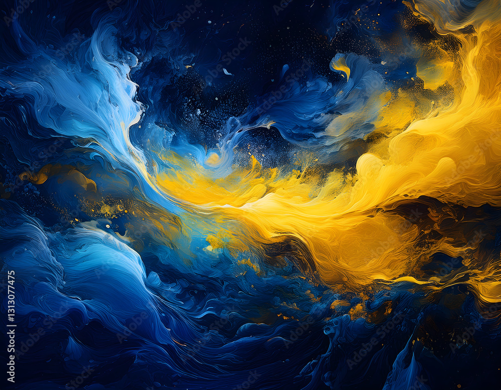 Poster abstract swirling clouds of blue and yellow with scattered gold specks, creating a celestial and dyn
