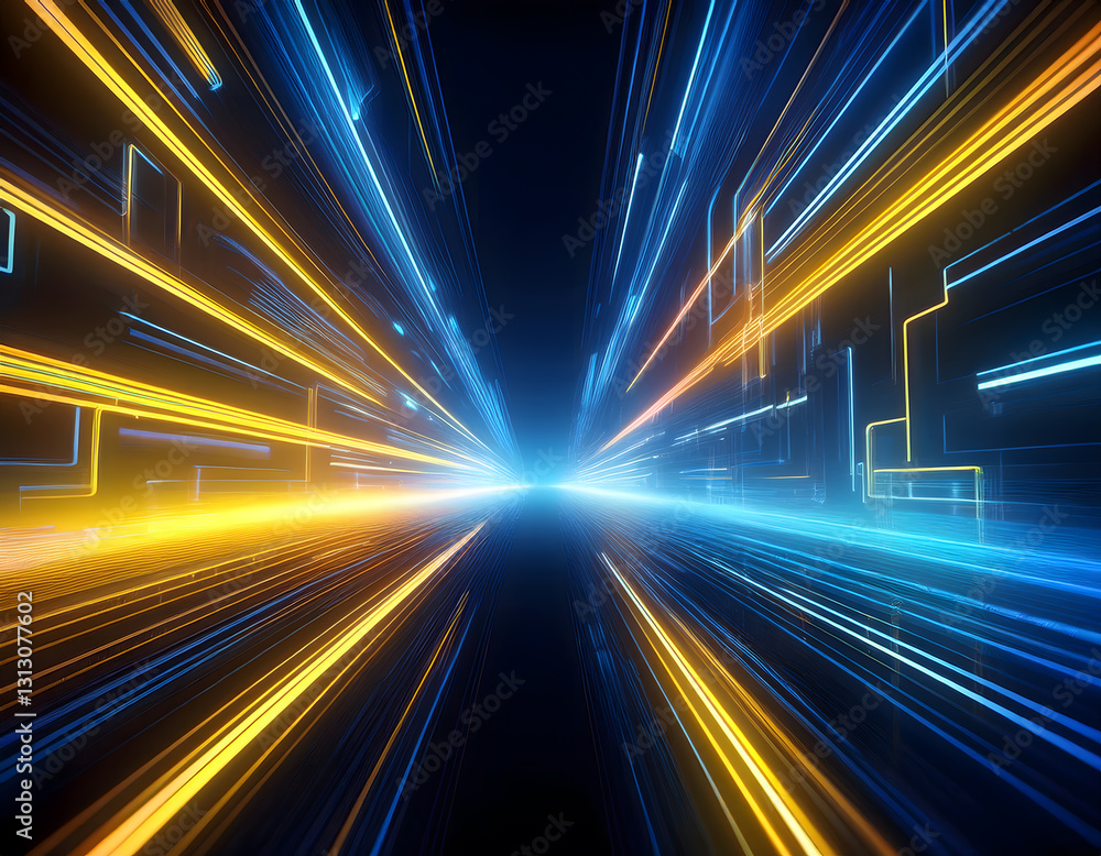 Poster dynamic light streaks in blue and yellow converge towards a central point, creating a futuristic and