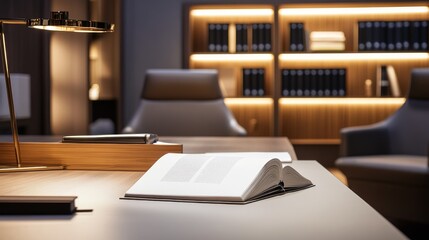 Naklejka premium 9.A stylish office setting with a pristine white book on a textured wooden surface, complemented by modern storage solutions, ergonomic seating, and soft, warm lighting.